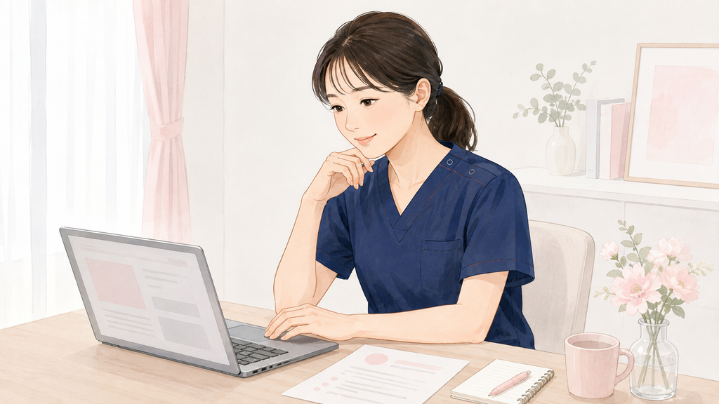 パソコンでCRCの求人を確認する看護師